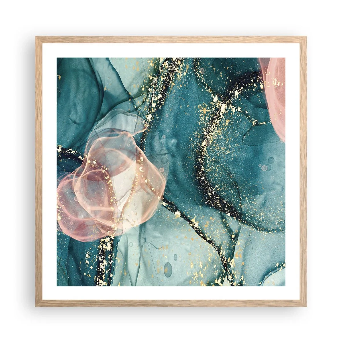 Affiche dans un chêne clair - Poster - Soie bleu, tulle rose - 60x60 cm