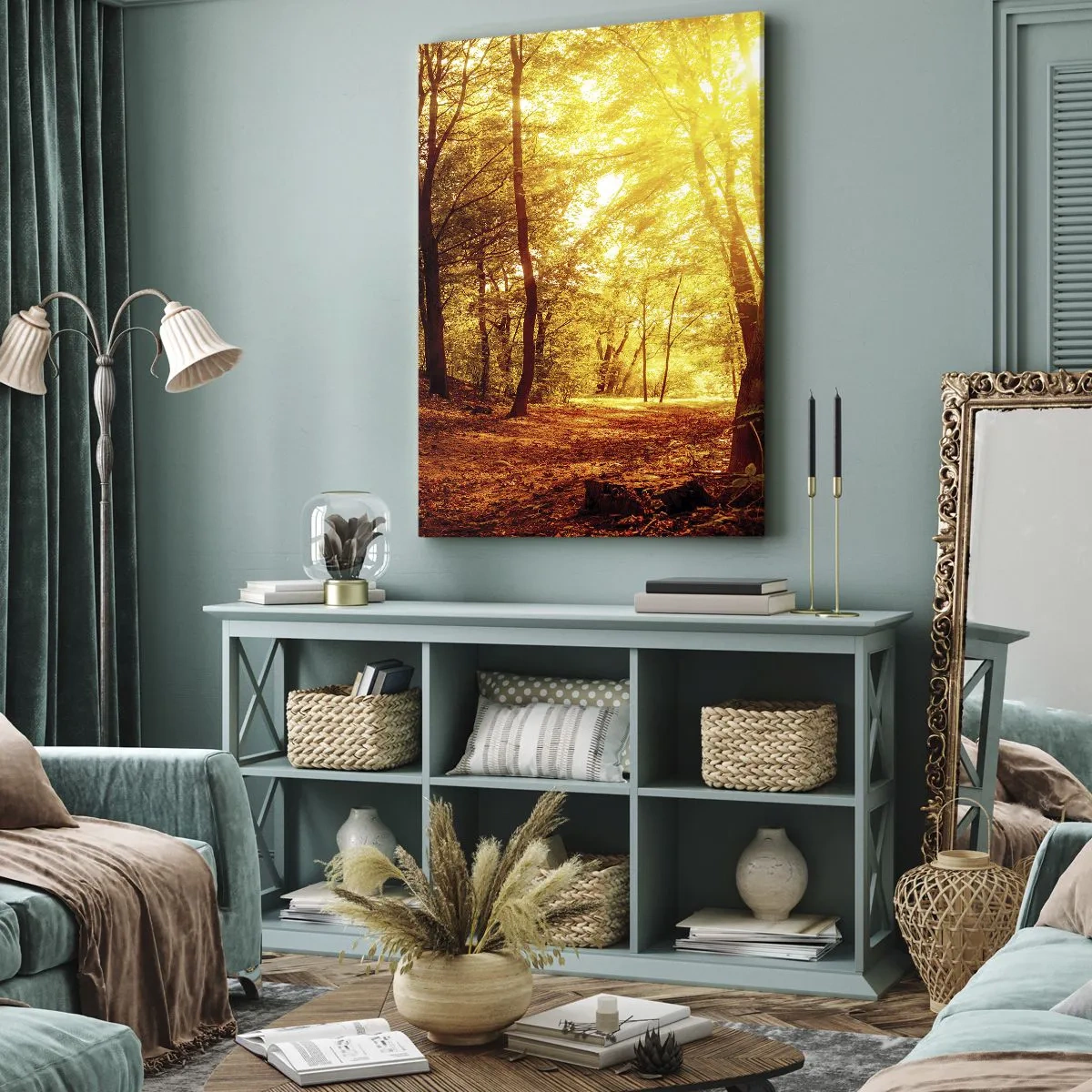 Impression sur toile - Image sur toile - Clairière d'automne sous le soleil doré avec un sentier forestier - 70x100cm - Vers la clairière dorée - Décoration murale moderne pour le salon et la chambre ARTTOR