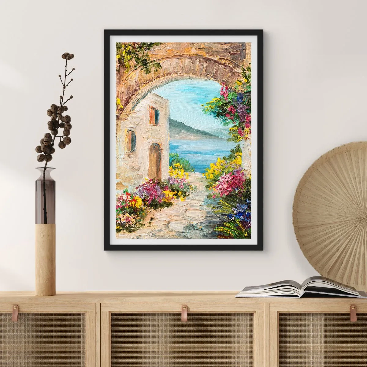 Affiche dans un cadre noir - Poster - Arche de pierre surplombant la mer - 50x70cm - Le charme d'une province côtière - Décoration murale moderne pour le salon et la chambre ARTTOR