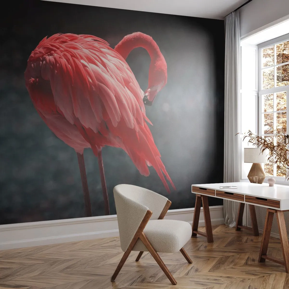 Papier Peint Autocollant Deluxe Sticker - Poème cramoisi de la nature - Flamant, Oiseau, Nature - 250x175 cm