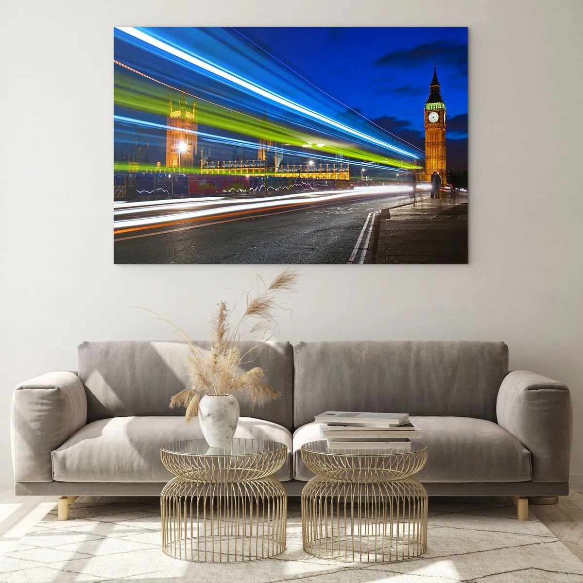 Impression sur verre - Image sur verre - Big Ben la nuit avec des phares de voiture flous - 70x50cm - Sous l'œil de Big Ben - Décoration murale moderne pour le salon et la chambre ARTTOR