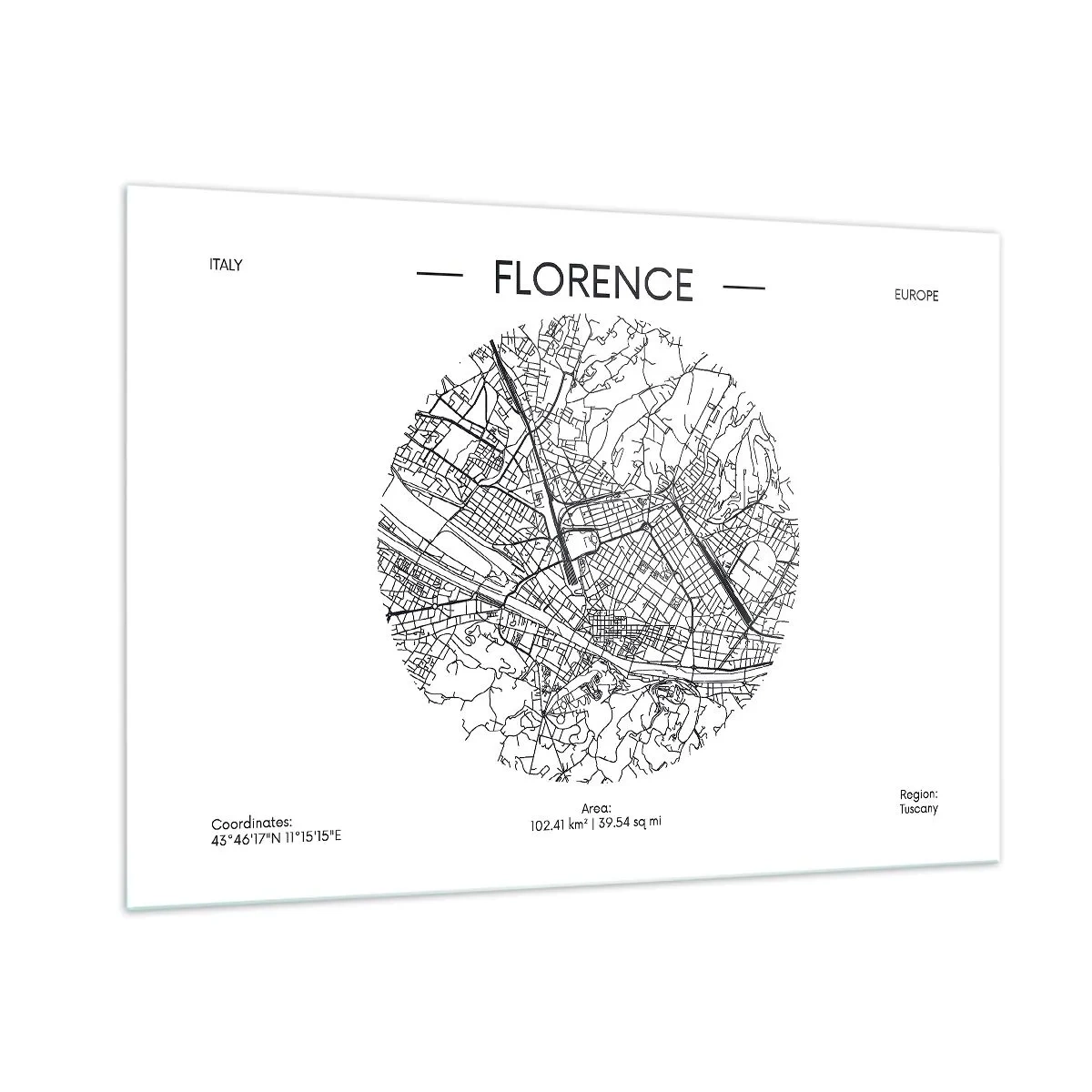 Impression sur verre - Image sur verre - Florence sous la forme d'une carte stylisée avec un réseau de rues - 100x70cm - Anatomie de Florence - Décoration murale moderne pour le salon et la chambre ARTTOR