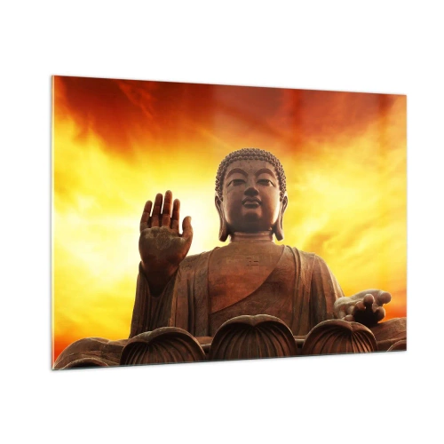 Impression sur verre - Image sur verre - Une statue de Bouddha sur fond de coucher de soleil doré - 100x70cm - La paix du monde - Décoration murale moderne pour le salon et la chambre ARTTOR