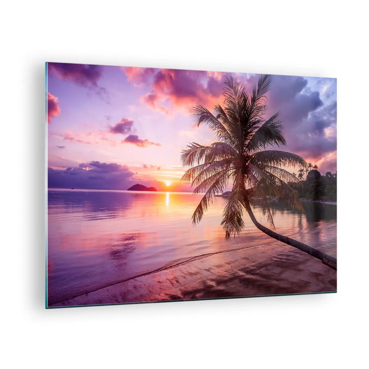 Impression sur verre - Image sur verre - Plage exotique avec un palmier au coucher du soleil - 70x50cm - Le bonheur à l'horizon - Décoration murale moderne pour le salon et la chambre ARTTOR