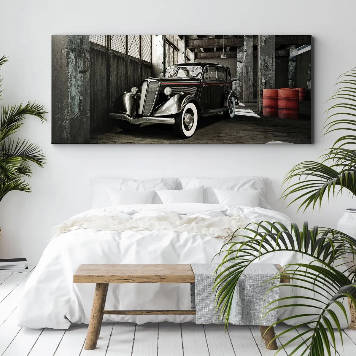 Impression sur toile - Image sur toile - Voiture rétro élégante dans un entrepôt brut - 160x50cm - L'élégance éternelle des années 30 - Décoration murale moderne pour le salon et la chambre ARTTOR
