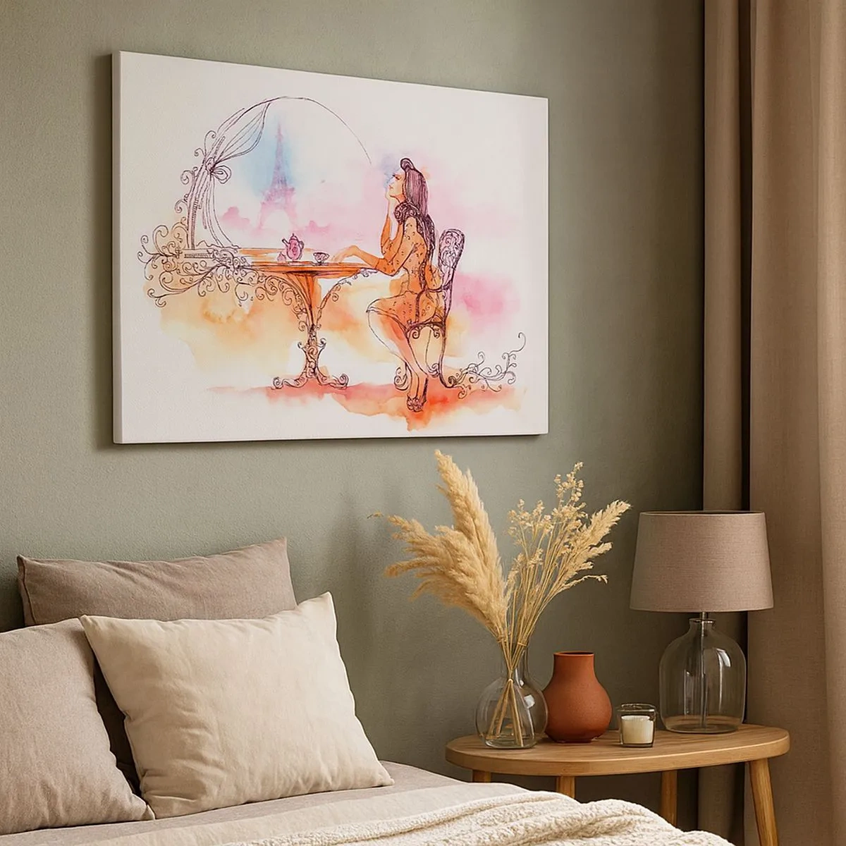 Impression sur toile - Image sur toile - Aquarelle romantique d'une femme dans un café surplombant une tour - 70x50cm - Le chic parisien - Décoration murale moderne pour le salon et la chambre ARTTOR