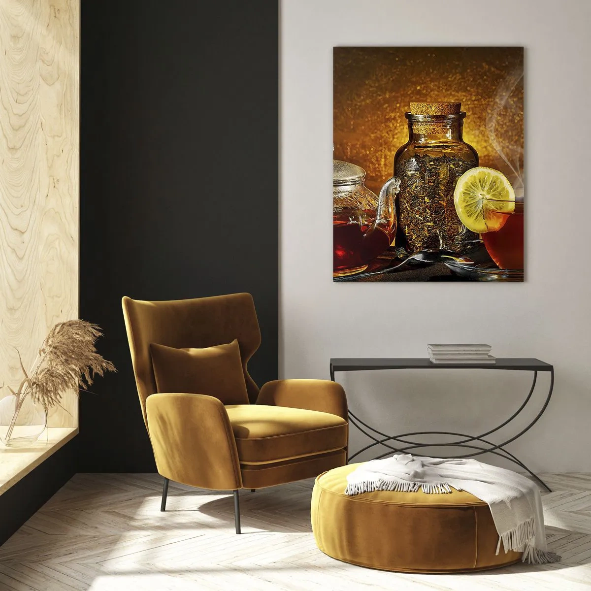 Impression sur verre - Image sur verre - Thé dans une carafe en verre avec du citron et du thé en vrac - 70x100cm - Dans le style des maîtres hollandais - Décoration murale moderne pour le salon et la chambre ARTTOR