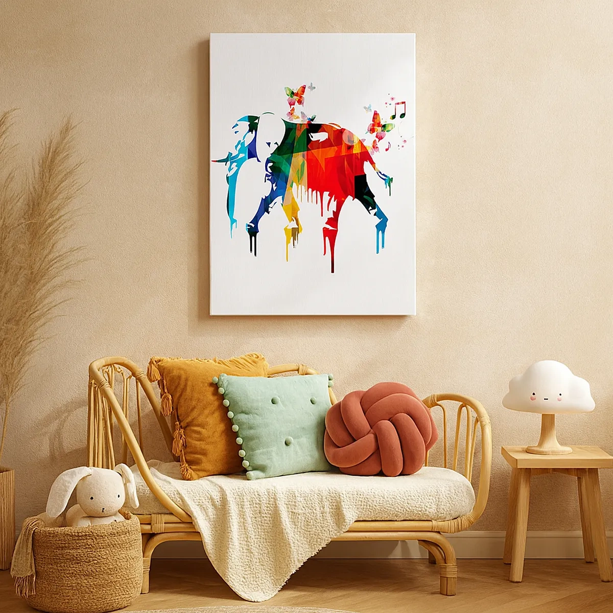 Impression sur toile - Image sur toile - Éléphant coloré avec des papillons dans un style géométrique moderne - 50x70cm - Tout le monde peut danser - Décoration murale moderne pour le salon et la chambre ARTTOR