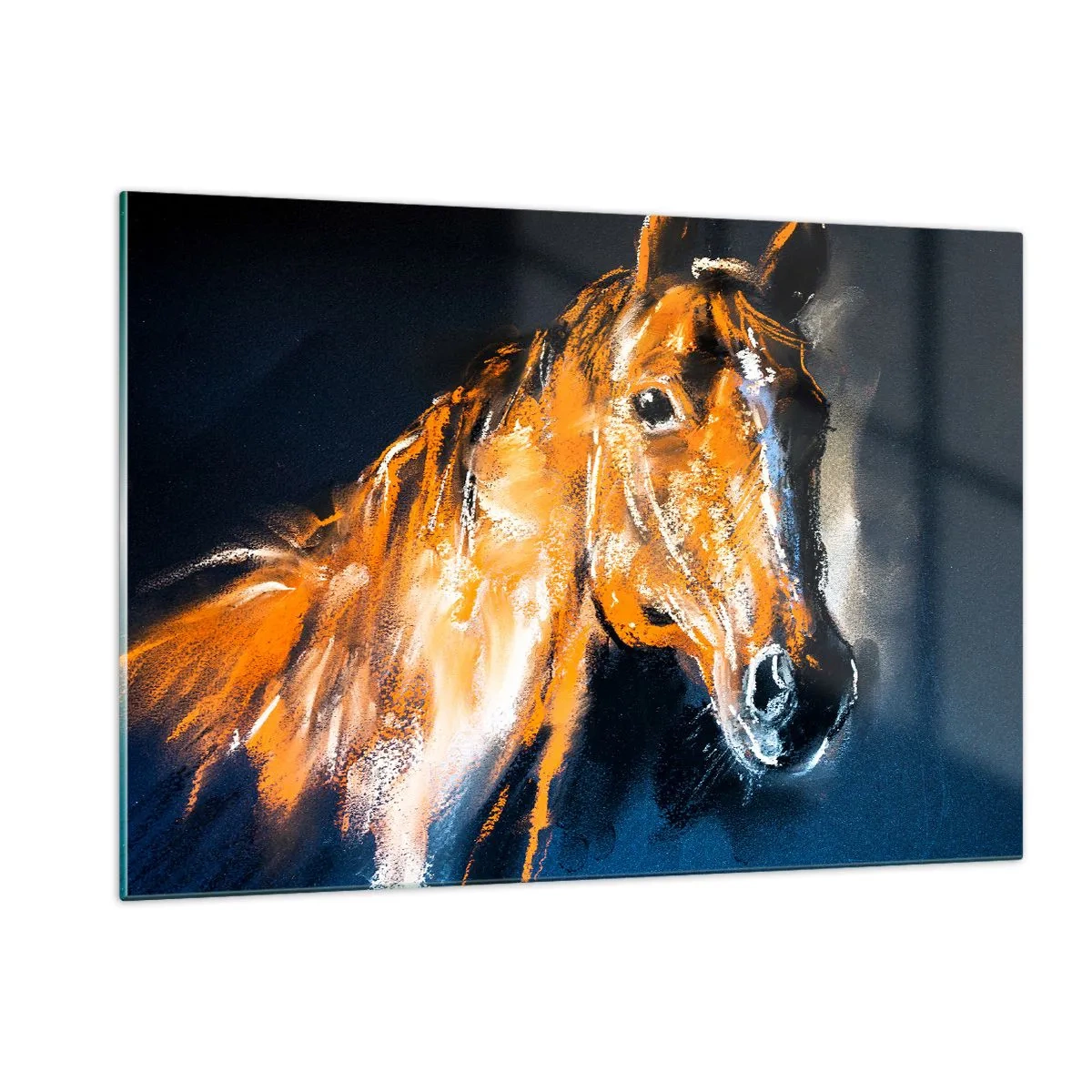 Impression sur verre - Image sur verre - Portrait d'un cheval aux nuances intenses de brun sur fond sombre - 120x80cm - Et alors, tu y vas ? - Décoration murale moderne pour le salon et la chambre ARTTOR