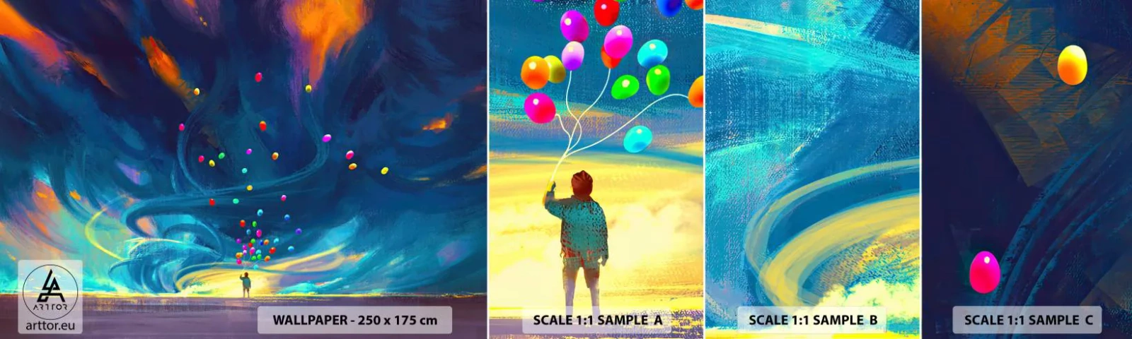 Échantillon de Papier Peint Autocollant Deluxe Sticker - Au vent bleu ciel - Pour les enfants, Ballons colorés, Abstraction - 100x30 cm