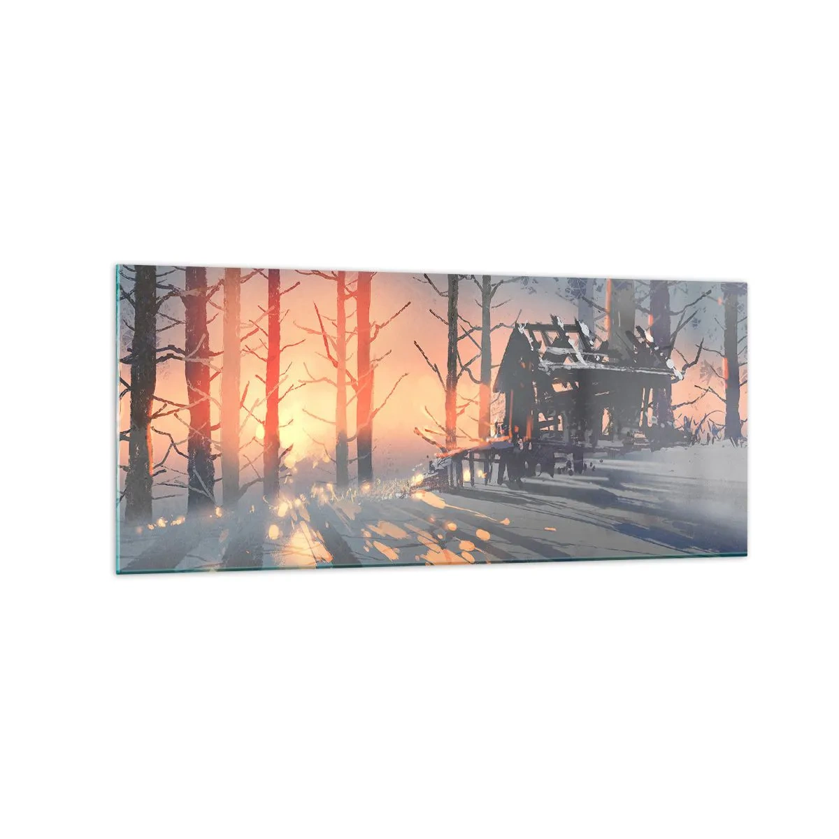 Impression sur verre - Image sur verre - Un chalet forestier dans un paysage hivernal avec les rayons du soleil couchant - 120x50cm - Seul le soleil regarde ici - Décoration murale moderne pour le salon et la chambre ARTTOR