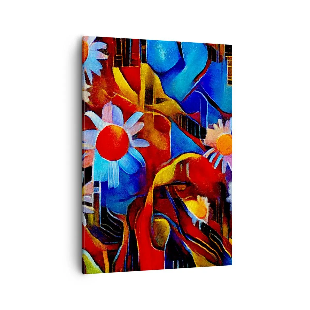 Impression sur toile - Image sur toile - Fleurs abstraites sur fond de motifs géométriques - 50x70cm - Les couleurs de la vie - Décoration murale moderne pour le salon et la chambre ARTTOR