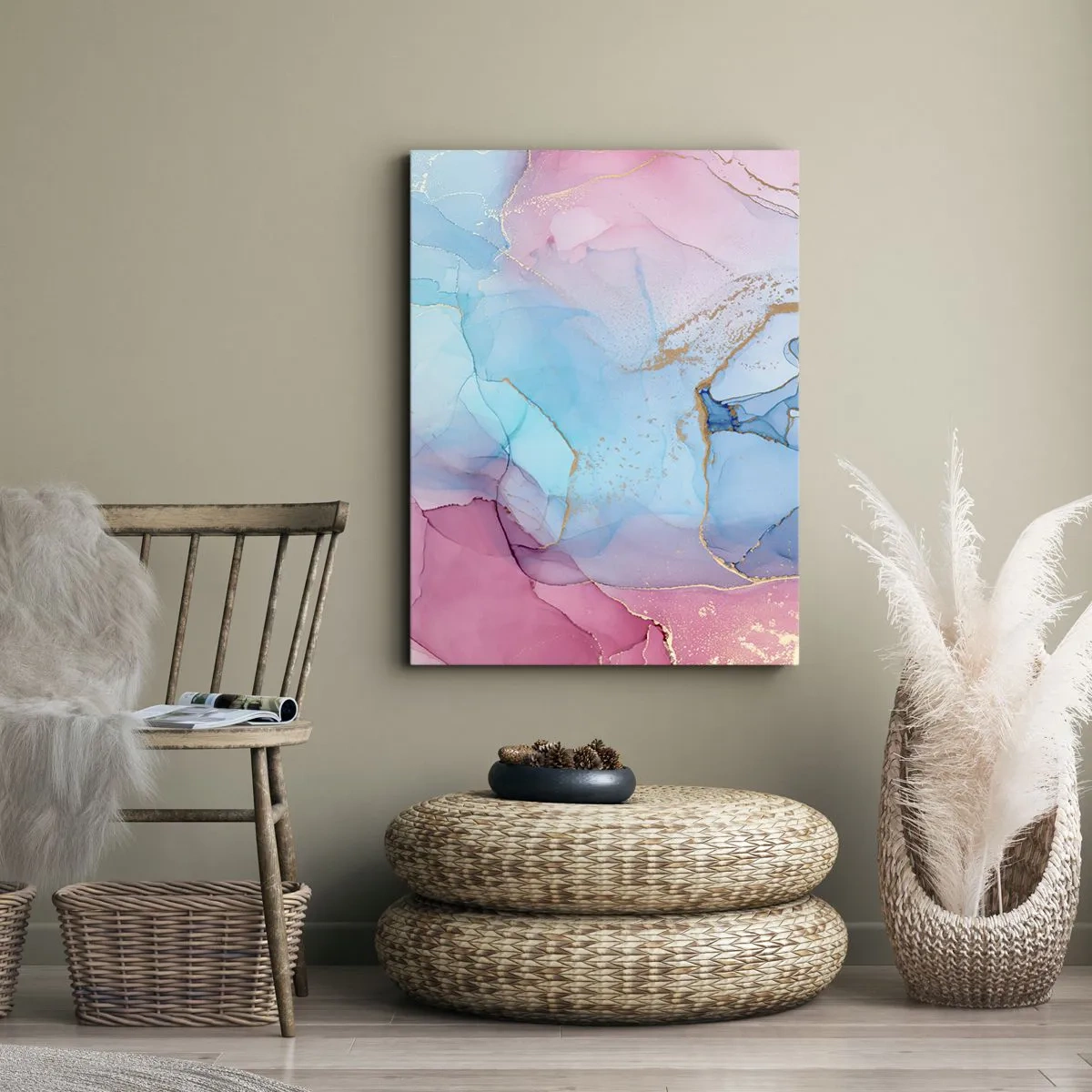 Impression sur toile - Image sur toile - Motifs pastel abstraits avec des accents dorés - 50x70cm - Rencontre et mélange - Décoration murale moderne pour le salon et la chambre ARTTOR