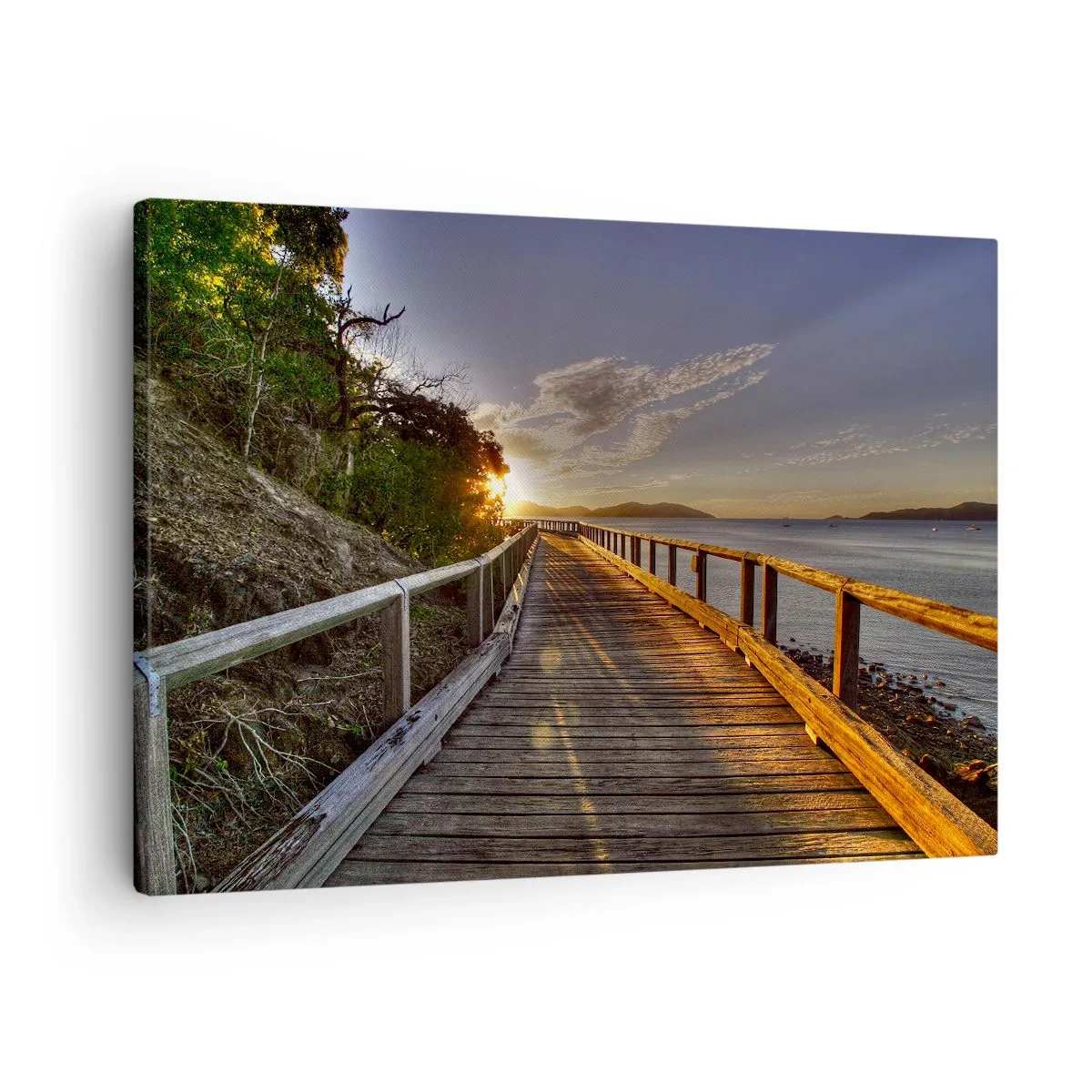 Impression sur toile - Image sur toile - Une jetée en bois mène vers le coucher de soleil sur l'eau - 70x50cm - Aller, aller tout le temps en direction du soleil - Décoration murale moderne pour le salon et la chambre ARTTOR