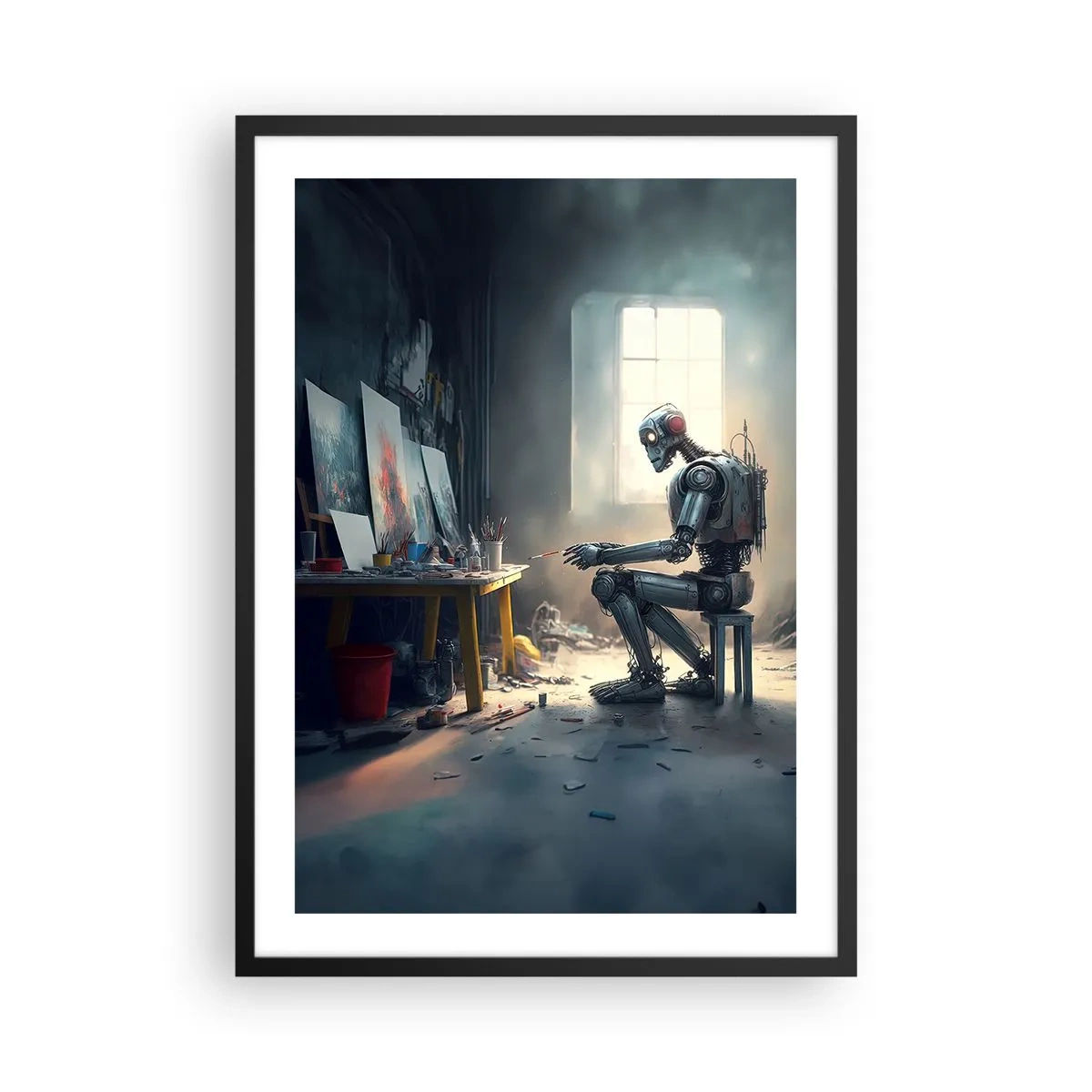 Affiche dans un cadre noir - Poster - Un robot artiste peint des tableaux dans son atelier - 50x70cm - L'acte de création - Décoration murale moderne pour le salon et la chambre ARTTOR