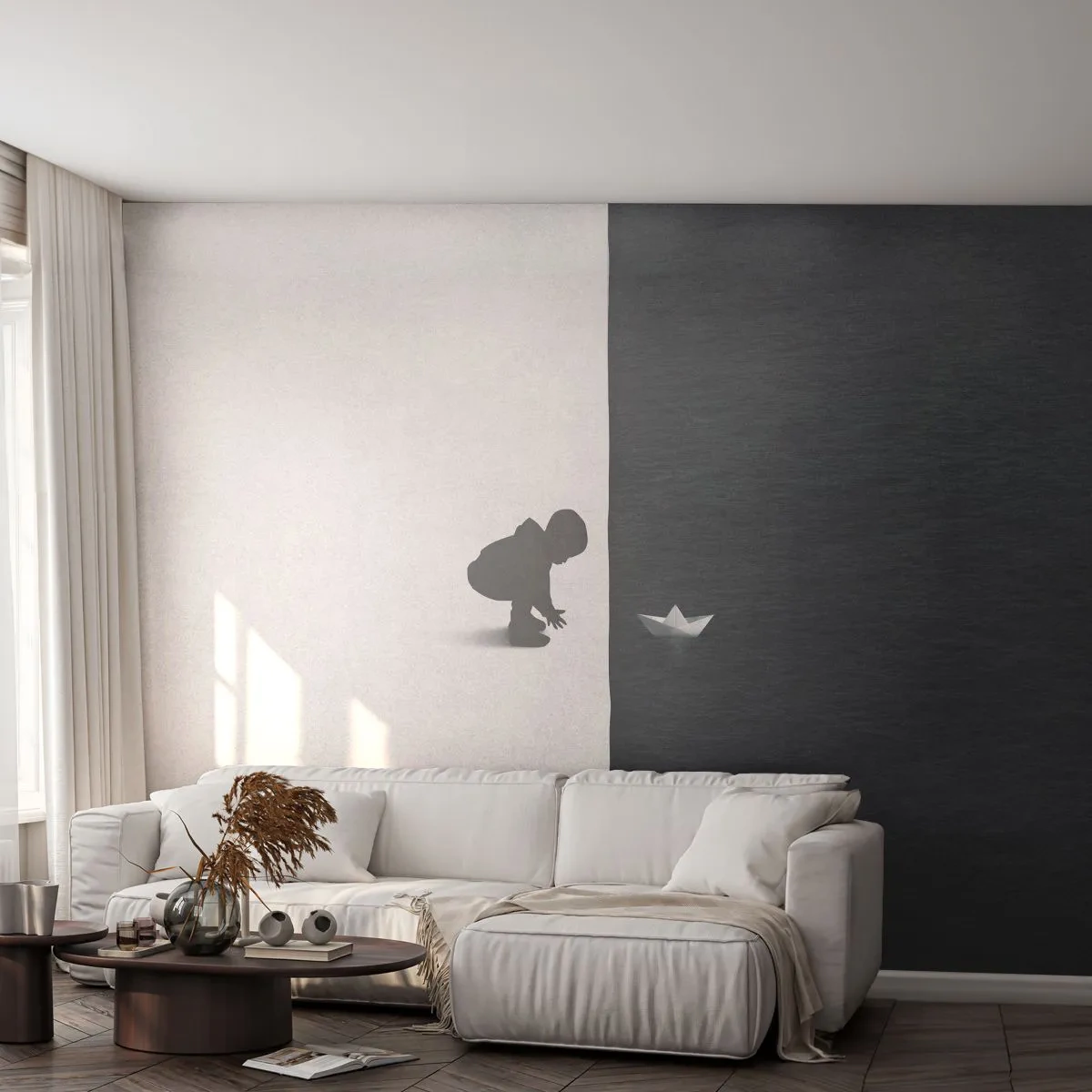 Papier Peint Photo Premium Sand - Garçon et bateau en papier en contraste noir et blanc - 100x70cm - Grande expédition - Décoration murale moderne pour le salon et la chambre ARTTOR