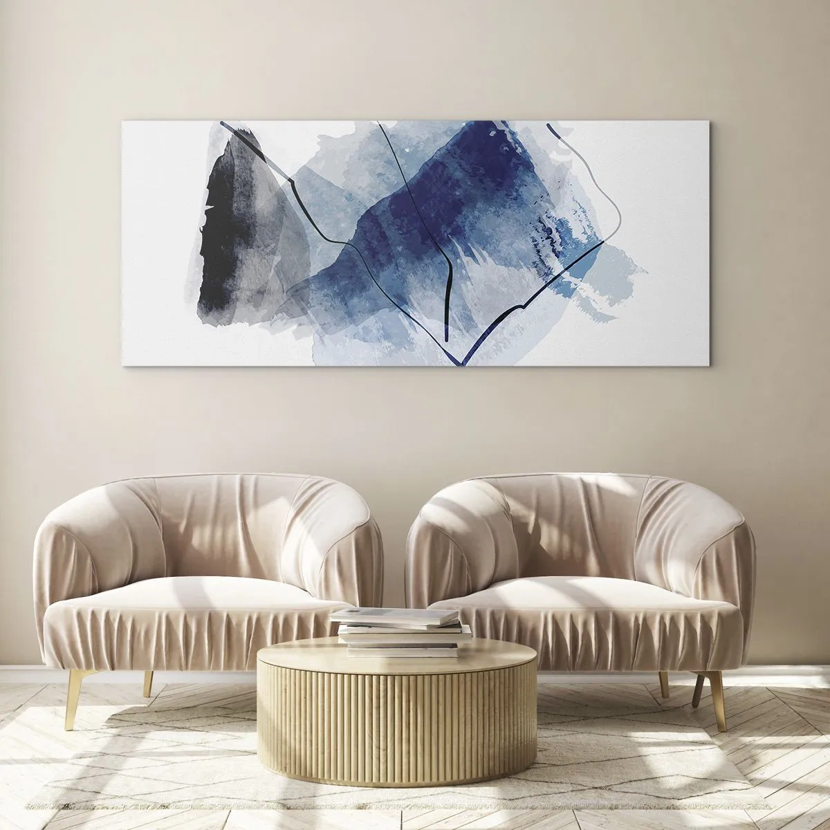 Impression sur verre - Image sur verre - Formes abstraites dans des tons de bleu avec des lignes délicates - 160x50cm - Montagne de glace - Décoration murale moderne pour le salon et la chambre ARTTOR