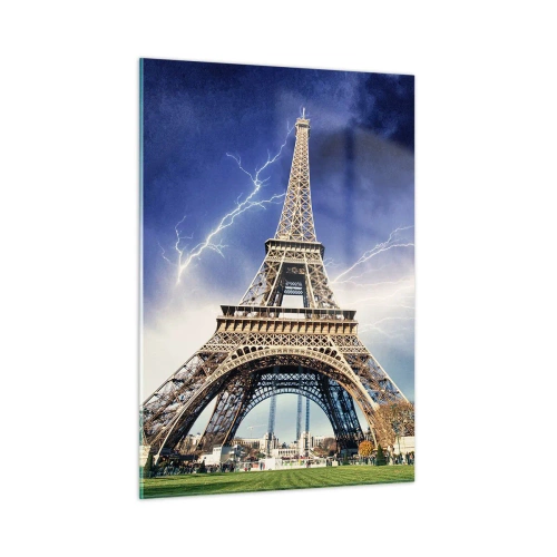 Impression sur verre - Image sur verre - La Tour Eiffel entourée d'éclairs par temps nuageux - 50x70cm - Maître des tempêtes - Décoration murale moderne pour le salon et la chambre ARTTOR