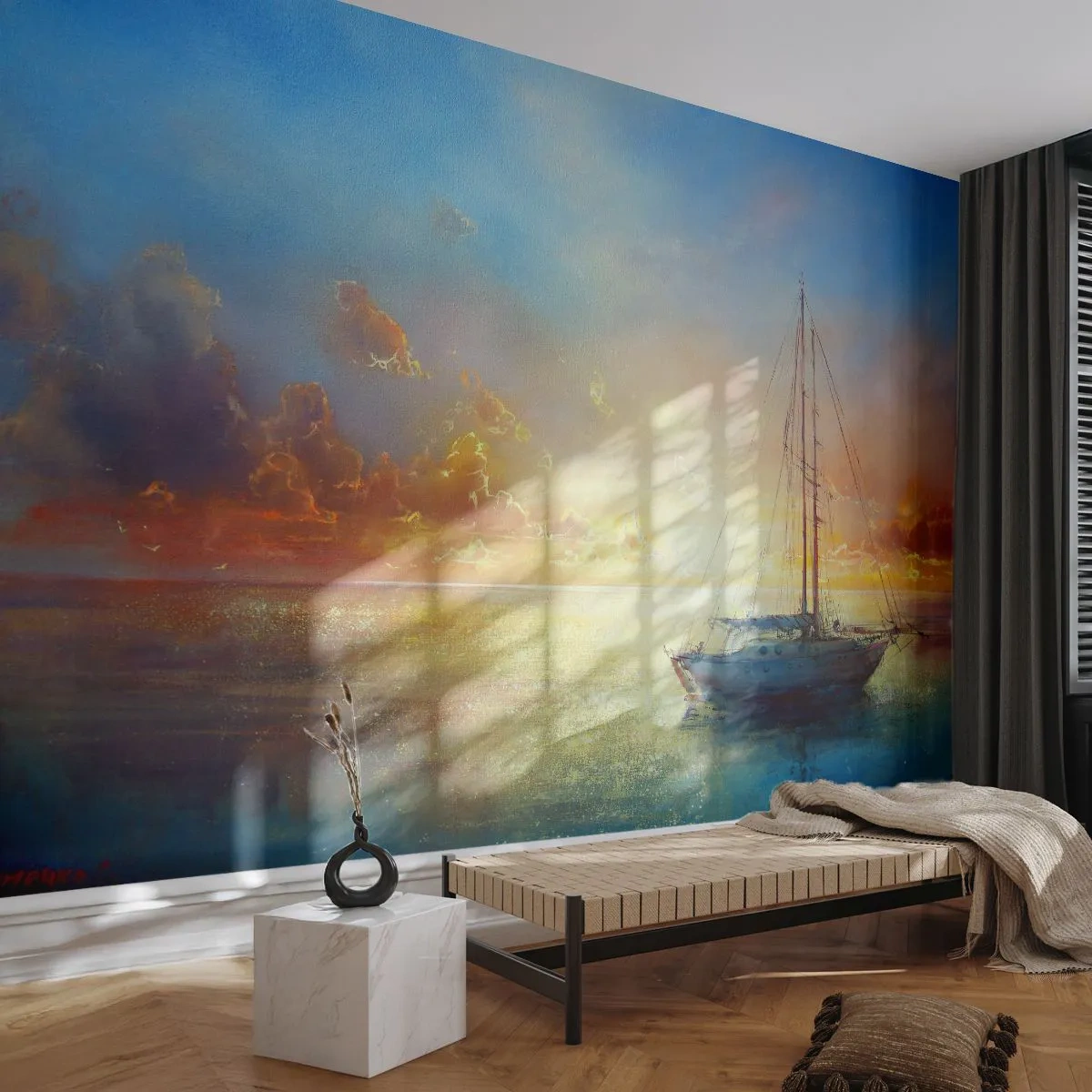 Papier Peint Photo Premium Sand - Un voilier sur une mer calme au coucher du soleil - 100x70cm - Dans une baie dorée - Décoration murale moderne pour le salon et la chambre ARTTOR