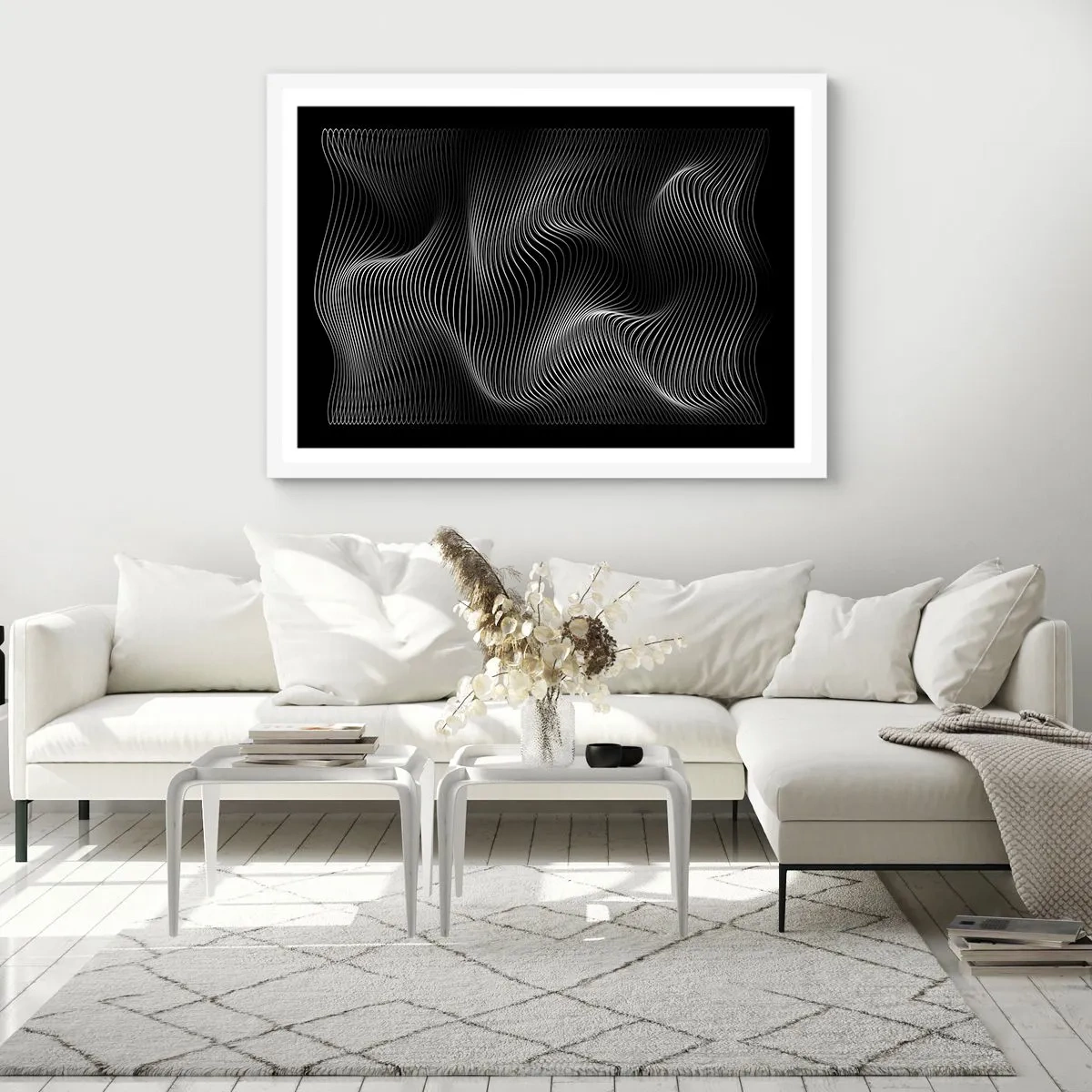 Affiche dans un cadre blanc - Poster - Danse de lumière dans l'espace - 91x61 cm