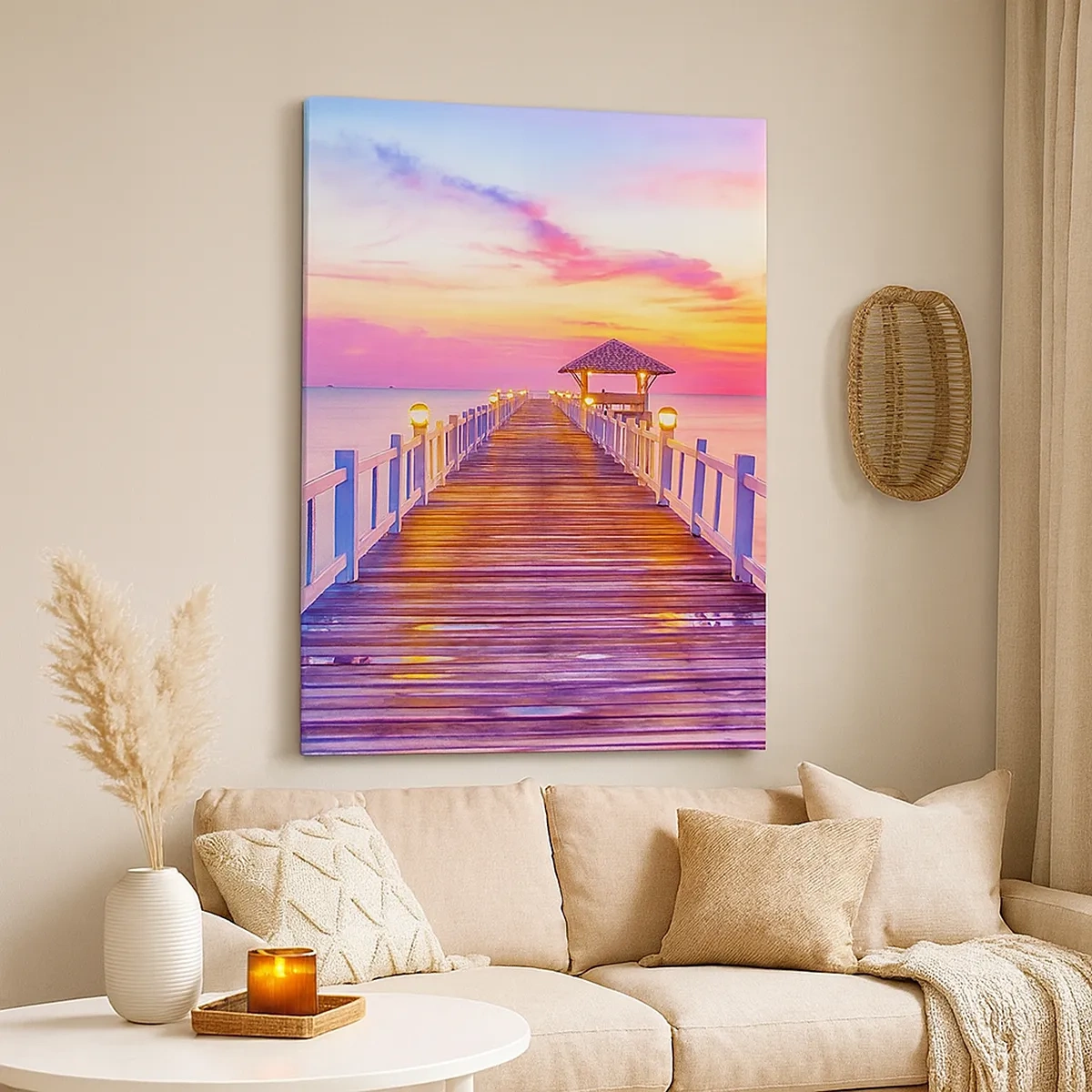 Impression sur toile - Image sur toile - Une jetée sur l'eau au coucher du soleil aux couleurs pastel - 50x70cm - Le silence lilas-doré du soir - Décoration murale moderne pour le salon et la chambre ARTTOR