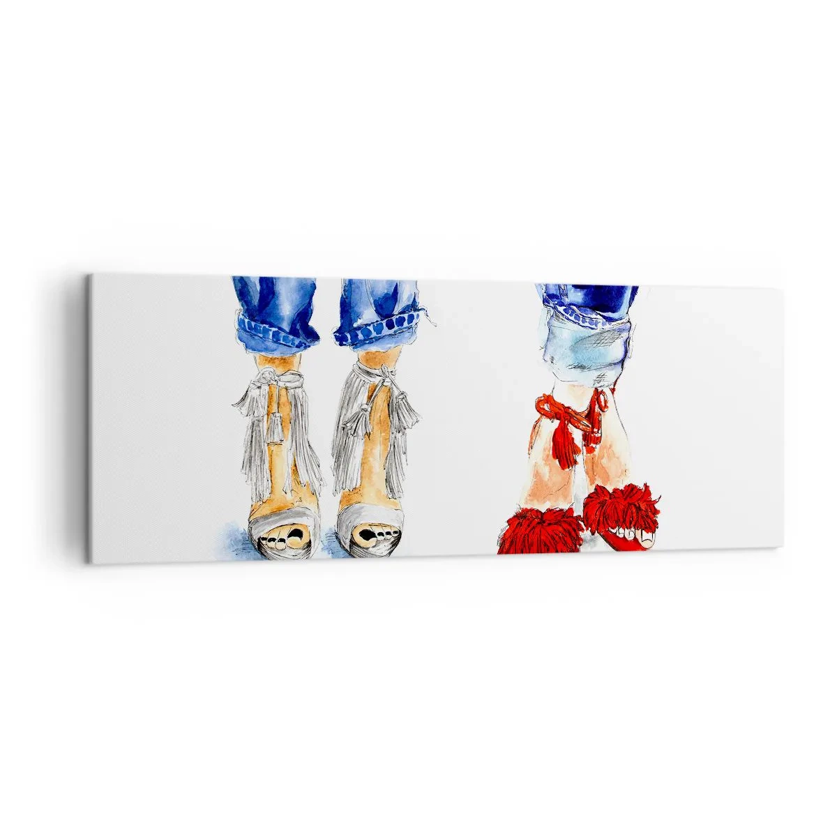 Impression sur toile - Image sur toile - Illustration de deux paires de chaussures dans des sandales élégantes et un jean - 140x50cm - Peut-être irons-nous nous promener? - Décoration murale moderne pour le salon et la chambre ARTTOR