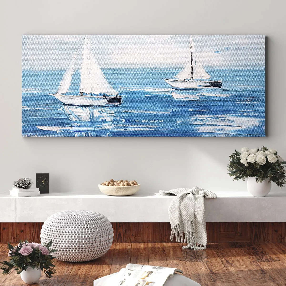 Impression sur toile - Image sur toile - Yachts sur la mer bleue dans un style artistique - 160x50cm - Avec un ami à mes côtés - Décoration murale moderne pour le salon et la chambre ARTTOR