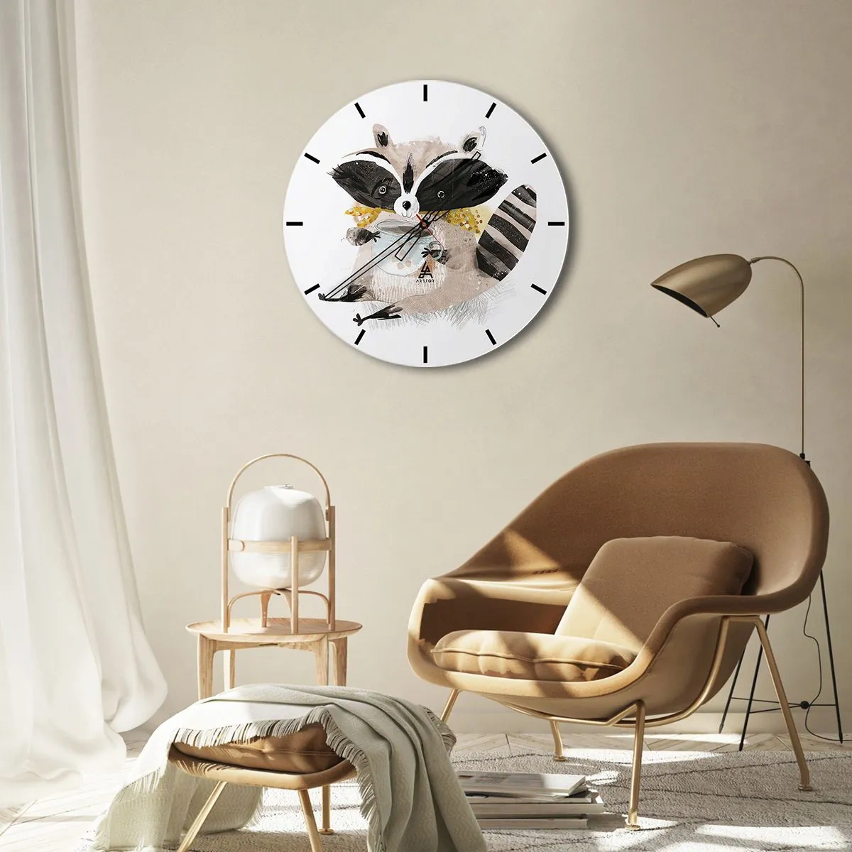 Horloge murale - Pendule murale - Un mignon raton laveur tenant une tasse de boisson chaude sur un fond blanc - 30x30cm - Mon ami le raton laveur - Décoration murale moderne pour le salon, la cuisine et la chambre ARTTOR