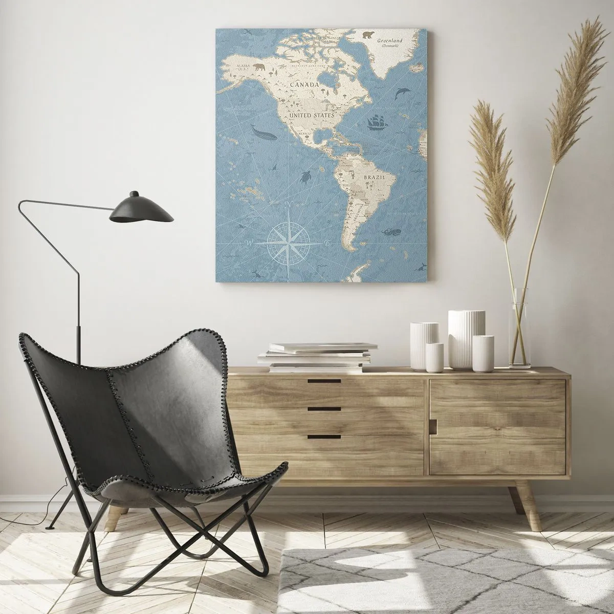 Impression sur verre - Image sur verre - Carte du monde stylisée sur fond bleu - 50x70cm - Le monde à porter de main - Décoration murale moderne pour le salon et la chambre ARTTOR
