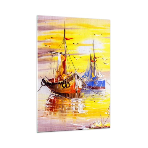 Impression sur verre - Image sur verre - Bateaux de pêche au coucher du soleil sur une eau calme - 50x70cm - Un repos bien mérité au port - Décoration murale moderne pour le salon et la chambre ARTTOR