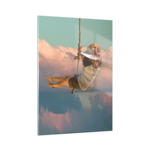 Impression sur verre - Image sur verre - Fille sur une balançoire parmi les nuages roses - 50x70cm - S'amuser dans les nuages - Décoration murale moderne pour le salon et la chambre ARTTOR