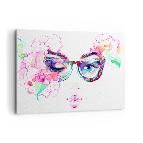 Impression sur toile - Image sur toile - Visage aquarelle avec des lunettes colorées et des fleurs - 100x70cm - Une promesse tentante - Décoration murale moderne pour le salon et la chambre ARTTOR