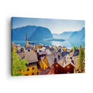 Impression sur toile - Image sur toile - Un village pittoresque au bord d'un lac entouré de montagnes par une journée ensoleillée - 70x50cm - ça ne pourrait pas être plus pittoresque - Décoration murale moderne pour le salon et la chambre ARTTOR