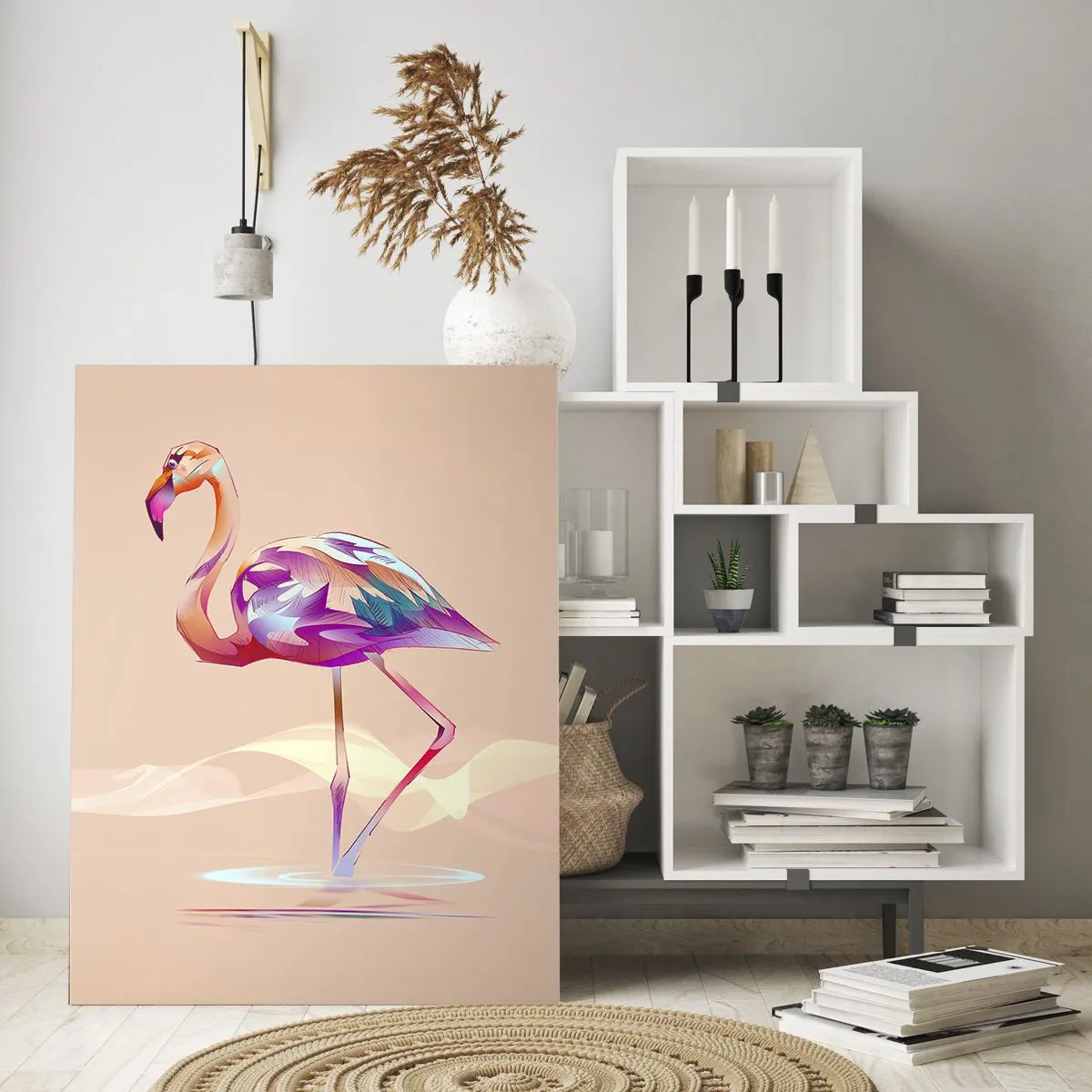 Impression sur verre - Image sur verre - Un flamant rose abstrait aux couleurs claires et pastel. - 70x100cm - L'oiseau des bonnes émotions - Décoration murale moderne pour le salon et la chambre ARTTOR