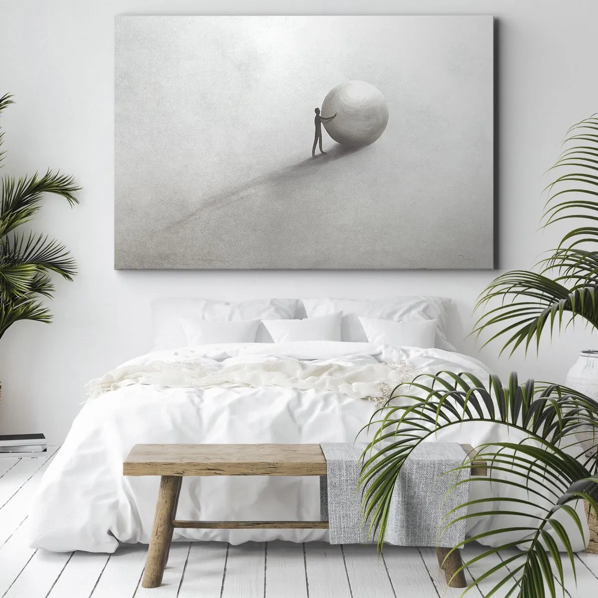 Impression sur toile - Image sur toile - Une figure minimaliste avec une balle sur un fond clair et monochrome. - 70x50cm - Jeu de la vie - Décoration murale moderne pour le salon et la chambre ARTTOR