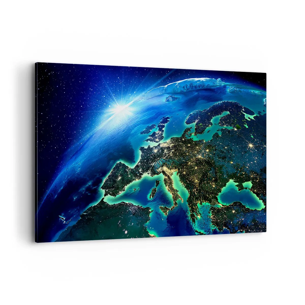Impression sur toile - Image sur toile - Une vue d'Europe depuis l'espace à la lueur du soleil levant. - 100x70cm - Europe pétillante - Décoration murale moderne pour le salon et la chambre ARTTOR
