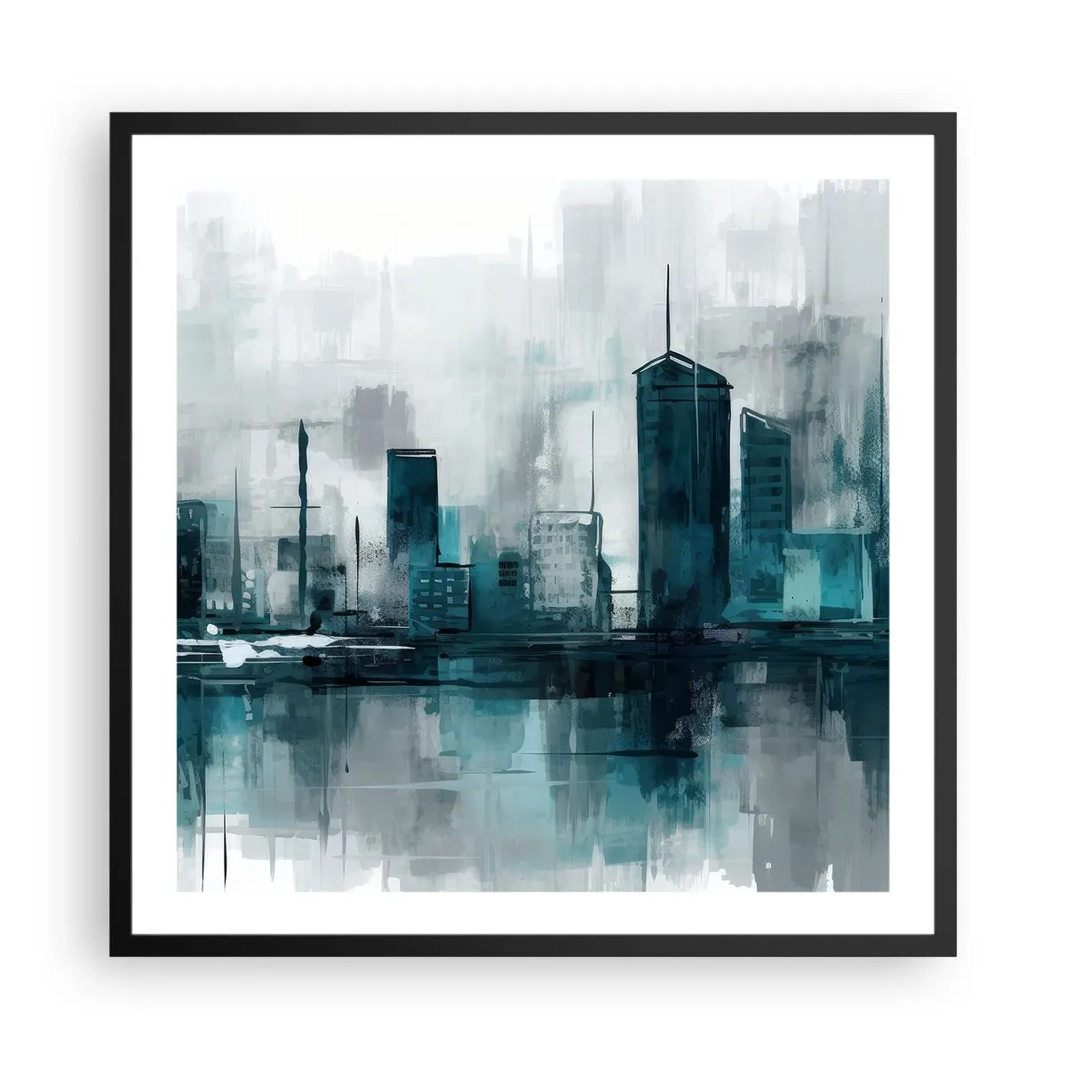 Affiche dans un cadre noir - Poster - Une ville couleur de pluie - 60x60 cm
