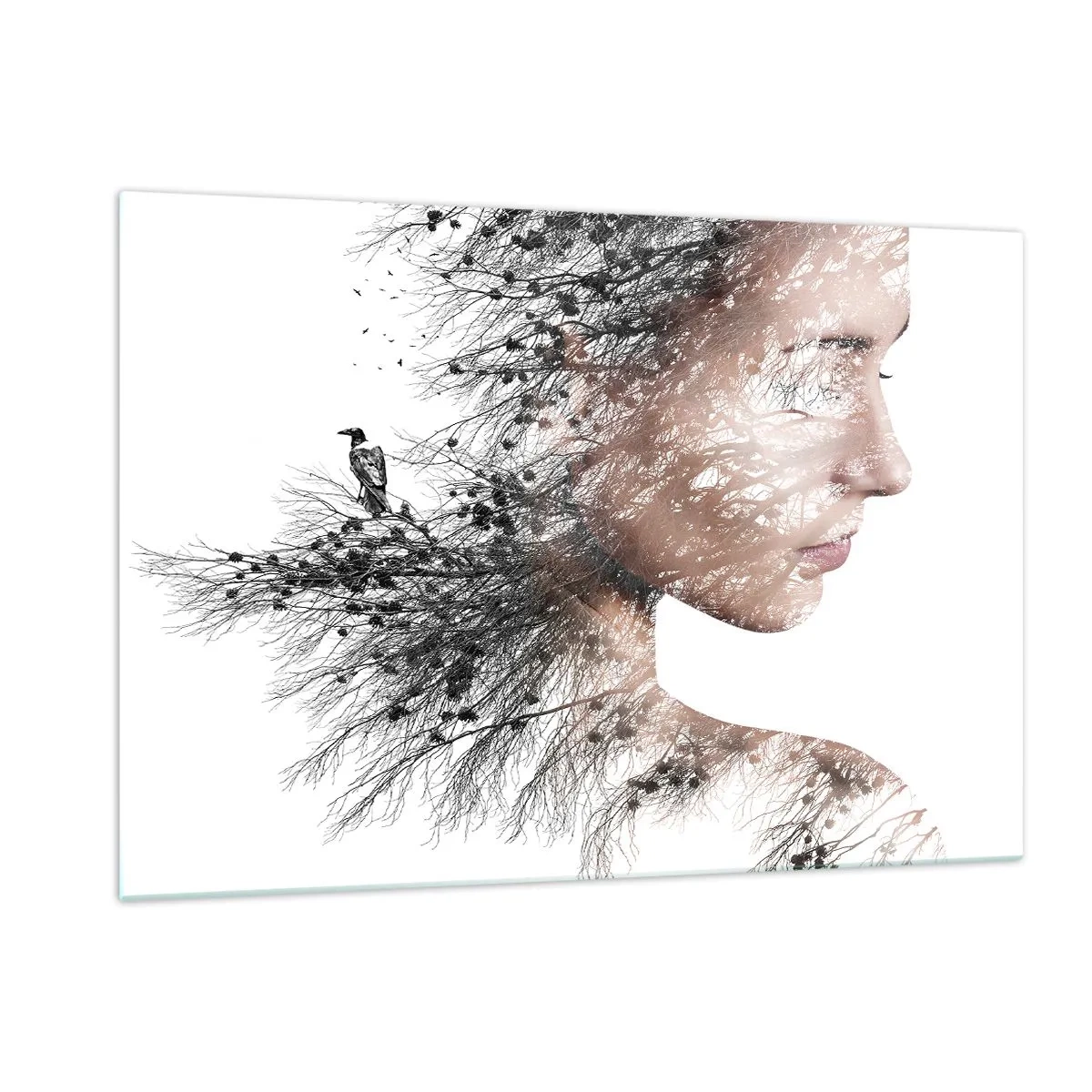 Impression sur verre - Image sur verre - Portrait d'une femme avec des branches en arrière-plan - 120x80cm - L'âme de la forêt - Décoration murale moderne pour le salon et la chambre ARTTOR