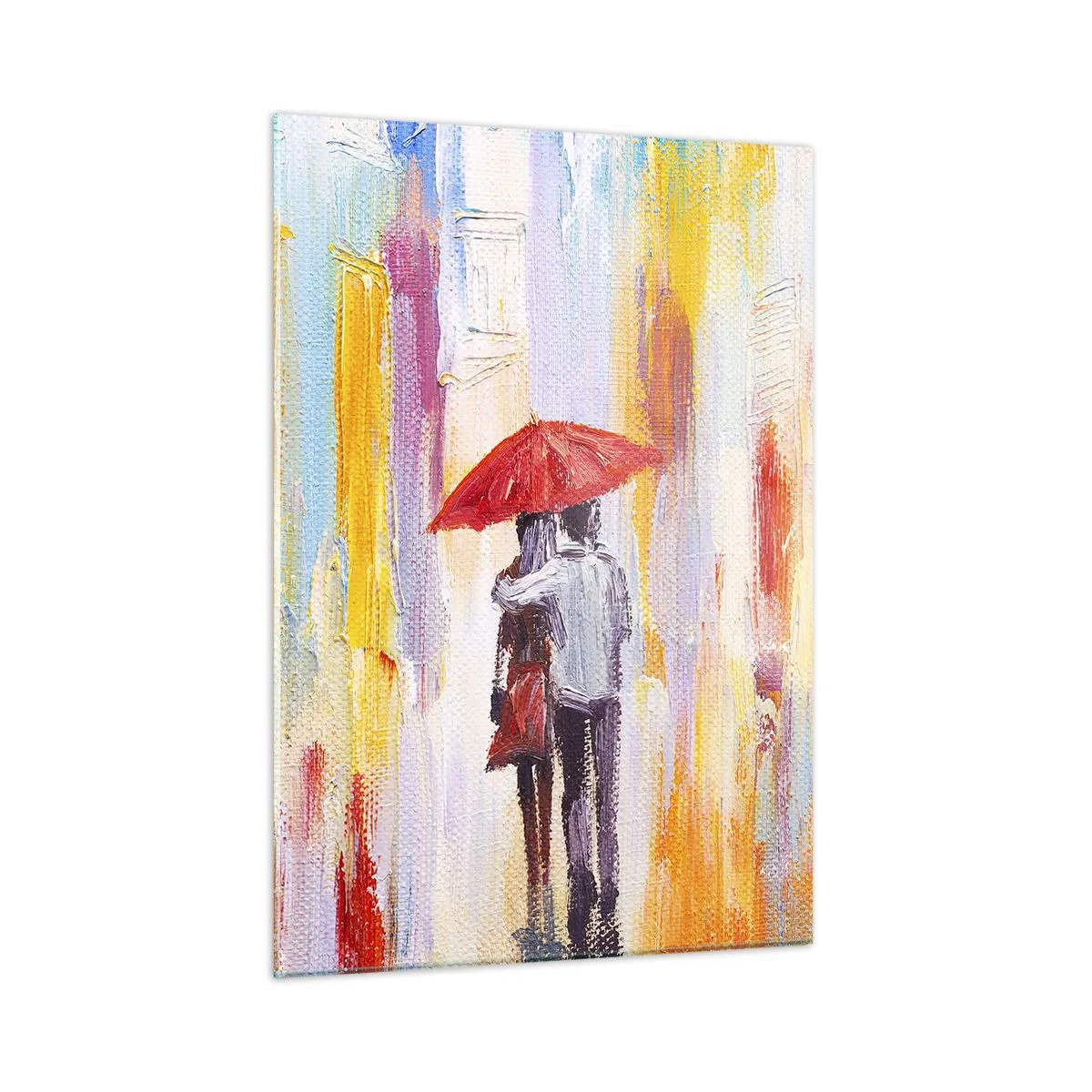 Impression sur verre - Image sur verre - Un couple tenant un parapluie rouge sous la pluie dans une rue colorée. - 50x70cm - Qu'il pleuve encore - Décoration murale moderne pour le salon et la chambre ARTTOR
