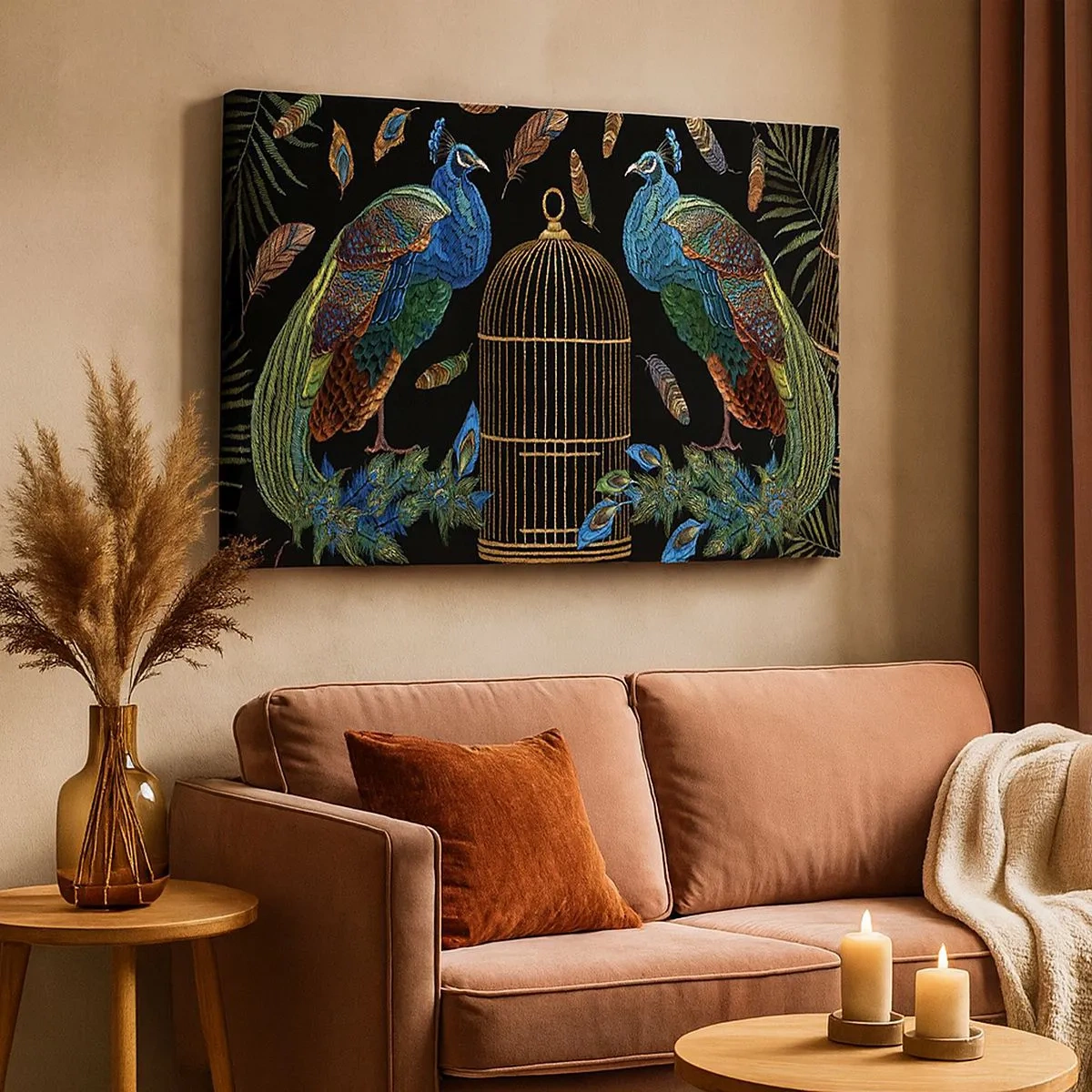 Impression sur toile - Image sur toile - Paons à côté d'une cage dorée sur fond noir - 70x50cm - En robes royales - Décoration murale moderne pour le salon et la chambre ARTTOR