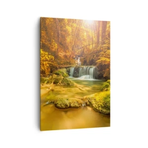 Impression sur toile - Image sur toile - Une cascade dorée dans une forêt d'automne entourée de verdure - 70x100cm - Cascade de forêt en or - Décoration murale moderne pour le salon et la chambre ARTTOR