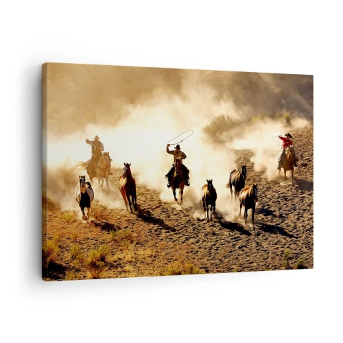 Impression sur toile - Image sur toile - Cowboys à cheval en action sur un terrain désertique - 70x50cm - L'ouest vraiment sauvage - Décoration murale moderne pour le salon et la chambre ARTTOR