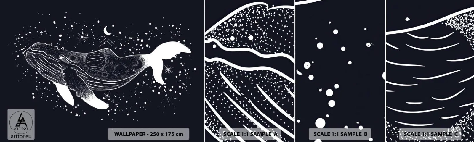Échantillon de Papier Peint Autocollant Deluxe Sticker - Dans l'océan de l'univers - Abstraction, Baleine, Noir et blanc - 100x30 cm