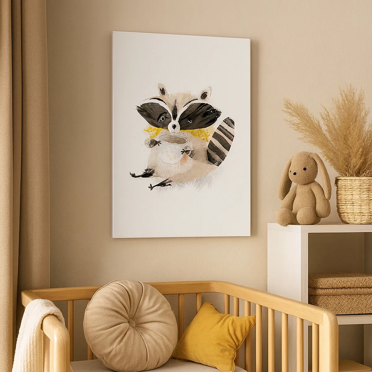 Impression sur toile - Image sur toile - Adorable raton laveur tenant une tasse de couleur pastel - 50x70cm - Mon ami le raton laveur - Décoration murale moderne pour le salon et la chambre ARTTOR