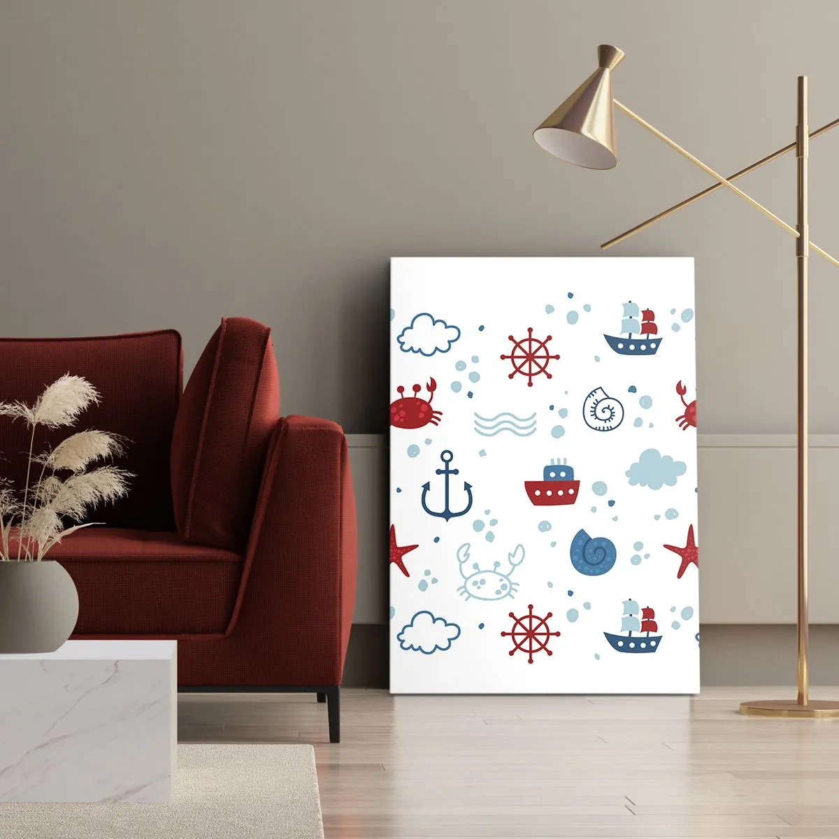 Impression sur toile - Image sur toile - Motif nautique avec ancres, navires et crabes - 50x70cm - Conte de fées de la mer - Décoration murale moderne pour le salon et la chambre ARTTOR
