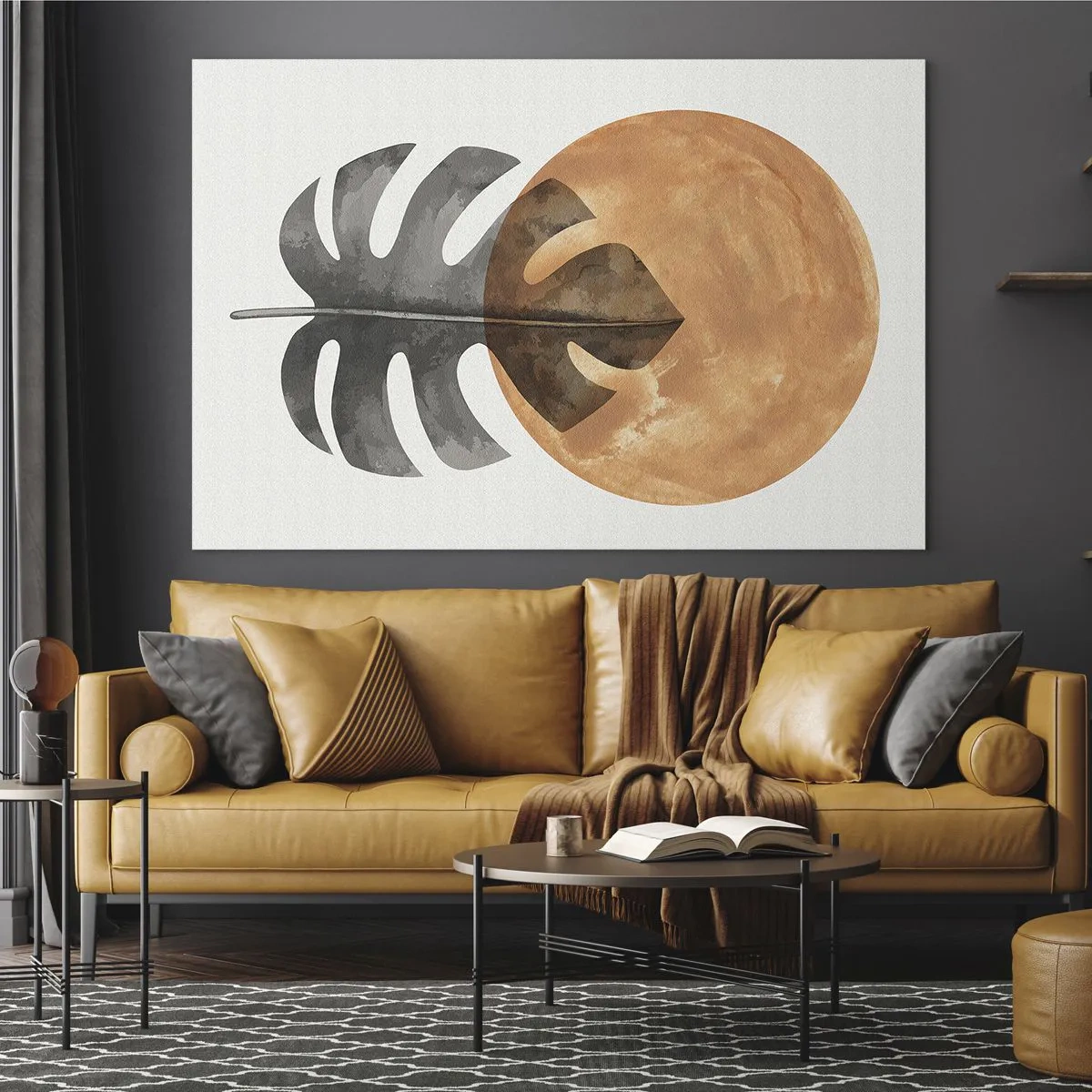 Impression sur verre - Image sur verre - Feuille de Monstera et cercle orange dans un style graphique sur fond blanc. - 70x50cm - Toujours le soleil - Décoration murale moderne pour le salon et la chambre ARTTOR