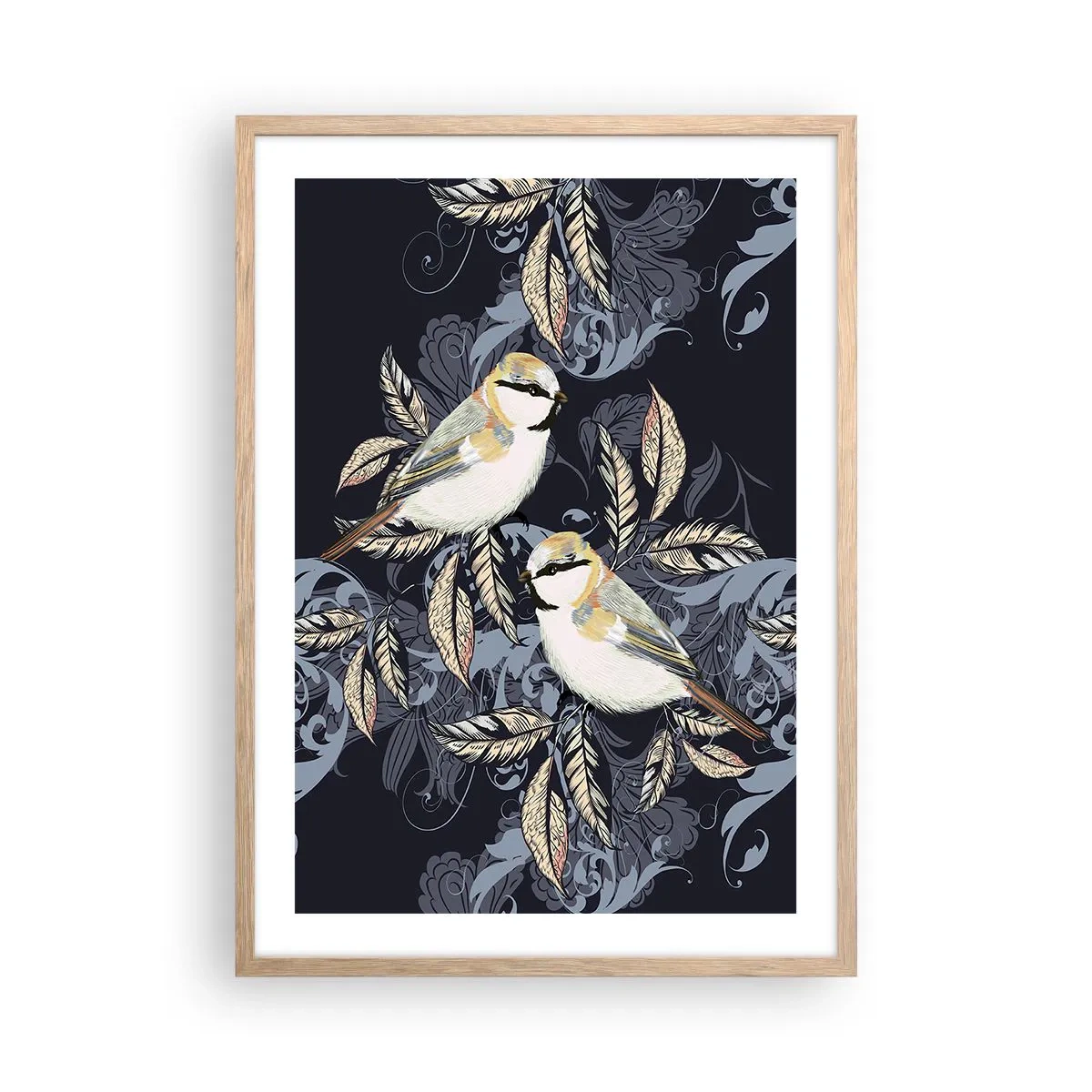 Affiche dans un chêne clair - Poster - Babillement jaune et bleu - 50x70 cm