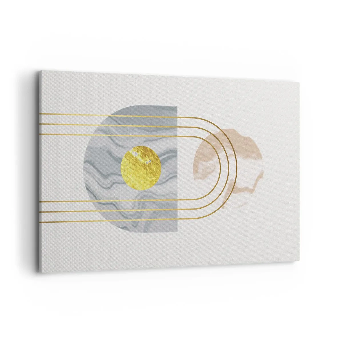Impression sur toile - Image sur toile - Composition abstraite avec des cercles et des lignes dorées sur fond clair. - 120x80cm - Clareté et brillance - Décoration murale moderne pour le salon et la chambre ARTTOR