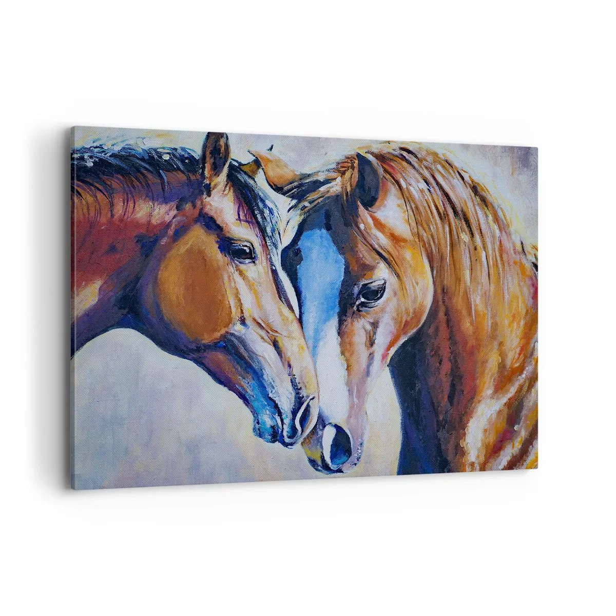 Impression sur toile - Image sur toile - Une représentation picturale de deux chevaux dans un cadre convivial. - 100x70cm - Est-ce de l'amitié ? Ou de l'amour ? - Décoration murale moderne pour le salon et la chambre ARTTOR