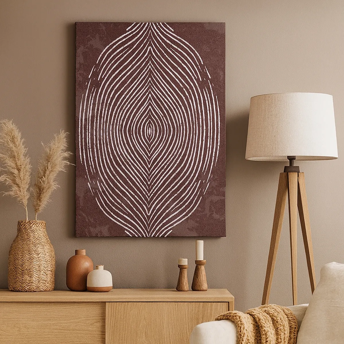 Impression sur toile - Image sur toile - Ondes symétriques en lignes blanches sur fond marron - 50x70cm - L'espace parle - Décoration murale moderne pour le salon et la chambre ARTTOR